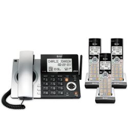 AT&T CL84307 Dect 6.0 Teléfono expandible con cable/inalámbrico con bloqueador inteligente de llamadas, plateado/negro con 3 teléfonos