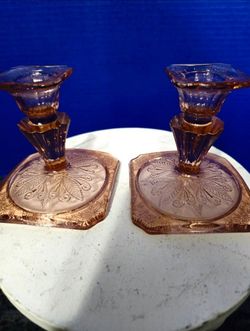 Pink Glass Etched Floral Square Base Candlesticks Set of 2 for Taper
