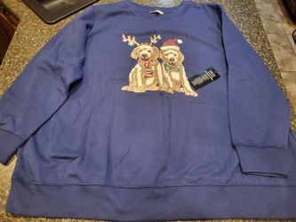 Women 26/28 (2x) Woman Within blue crewneck sweatshirt 2dogs with reindeer antleers and Santa hat Lot 130