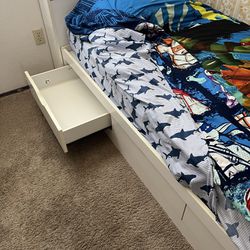 White Wood Twin Bed, Frame, & Shelf