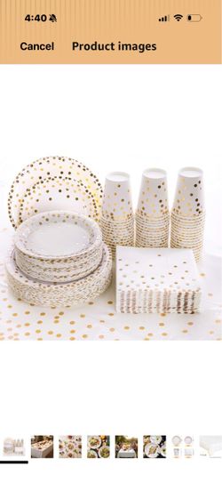hapray Gold Plates, 201 Pcs Disposable Dinnerware Set for 50 Guests Gold Polka Dots Party Supplies with Plates Cups Napkins and Plastic Tablecloth for
