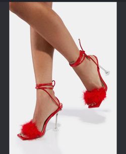 New red furry high heels