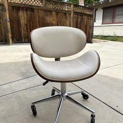 MCM Desk Chair - Faux White Leather, Rounded Wood, & Silver-Finished Steel Frame