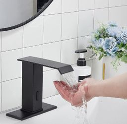 Automatic Sensor Touchless Waterfall Bathroom Sink Faucet with Control Box and Temperature Mixer DC Powered Sensor Hands Free Bathroom Tap Matte Black