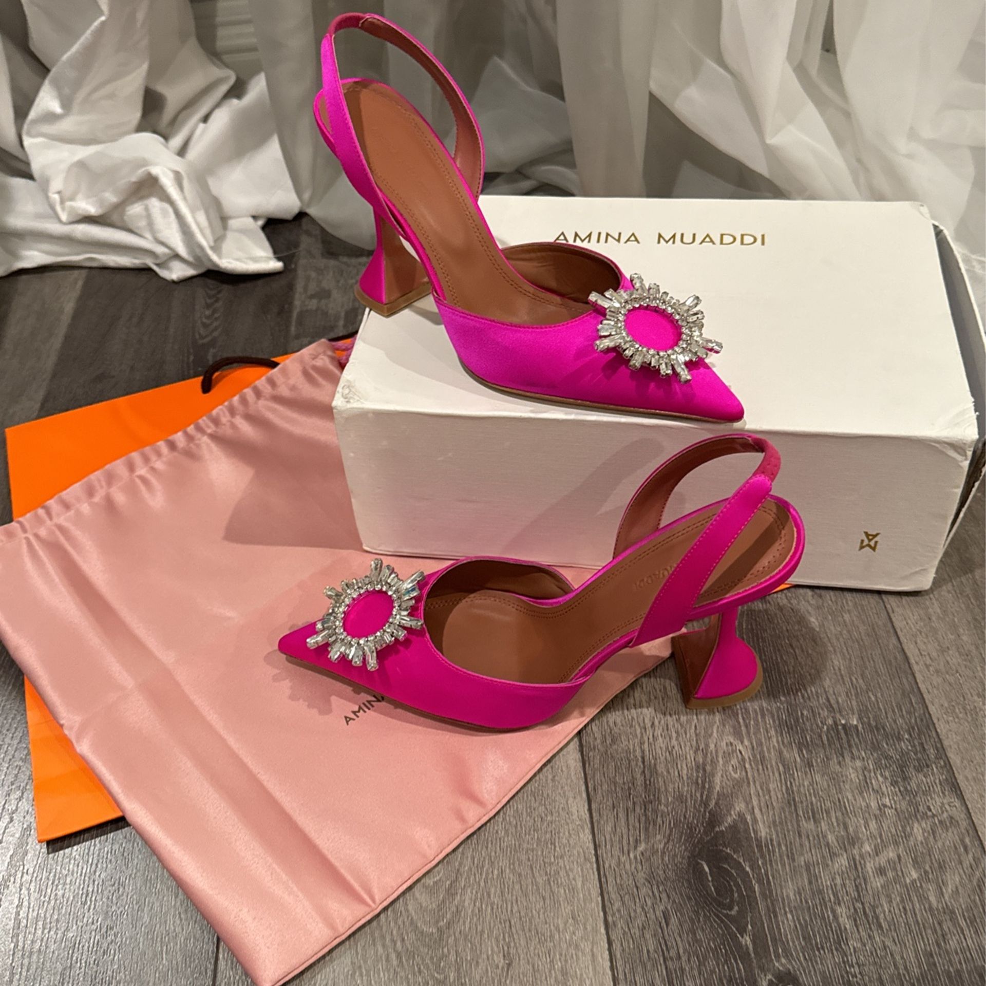 AMINA MUADDI Begum Swarovski crystal-embellished satin slingback pumps