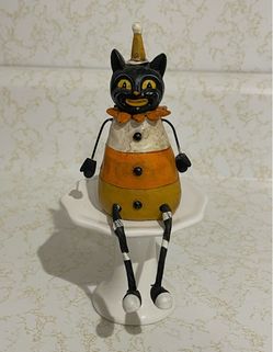 Johanna Parker Halloween Black Cat Hat Candy Corn Shelf Sitter Figurine Folk Art