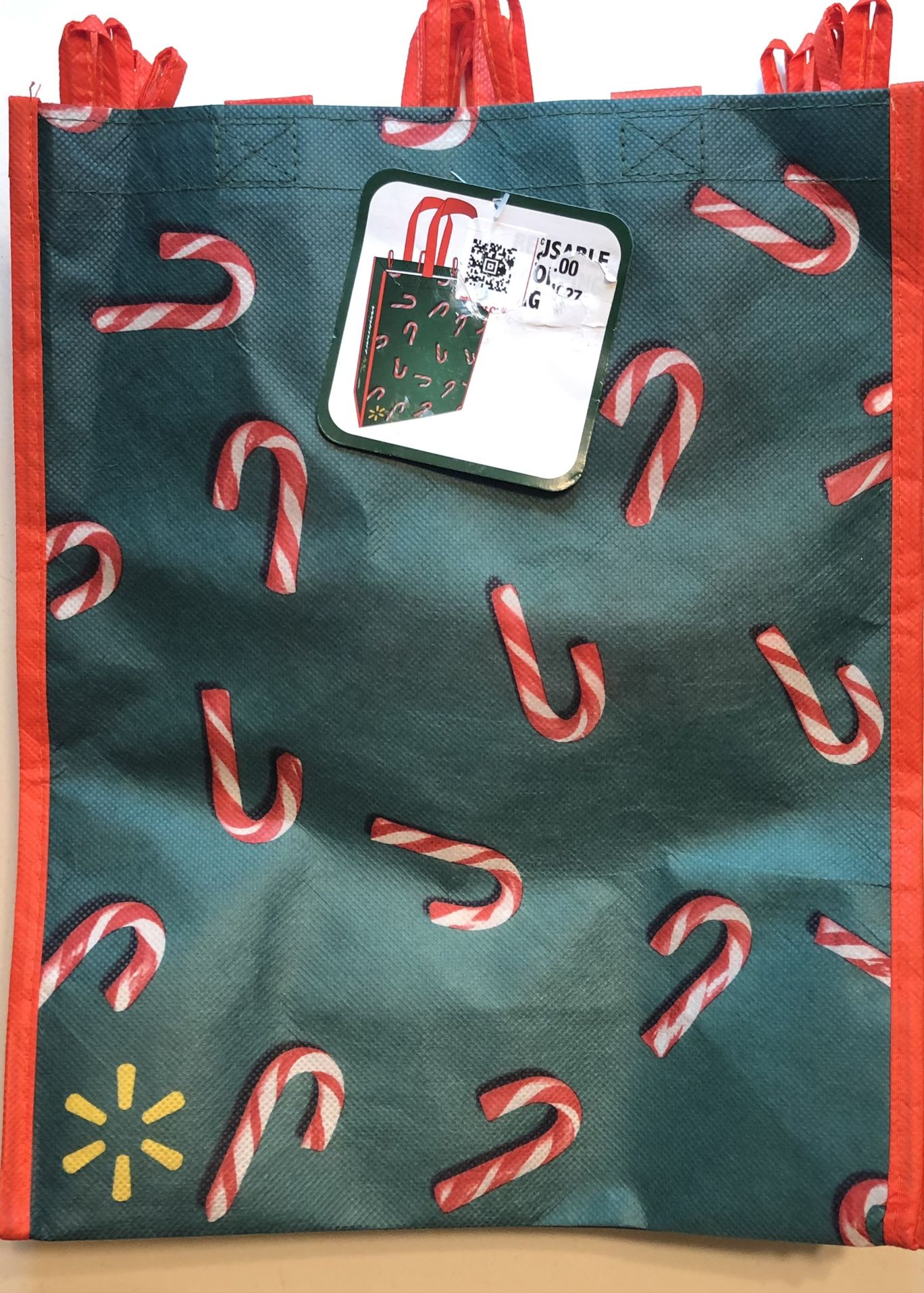 Two (2) Reusable Shopping/Gift Bags w/Candy Cane Designs 14.5” X 11.75” X 6.25”