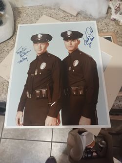Vintage framed photo of Adam 12 1970's TV Show officers signed Martin Milner "Malloy" and Kent McCord Jim Reed