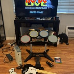 Rock band set w/ Xbox 360 console, Fender guitar, drums, microphone, AC/DC game, Restored Tested