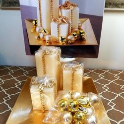 Set of 3 Christmas Holidays Decorations Pillar White & Gold  Unscented,

