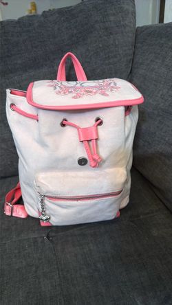 White and Pink Floral Embroidered Backpack