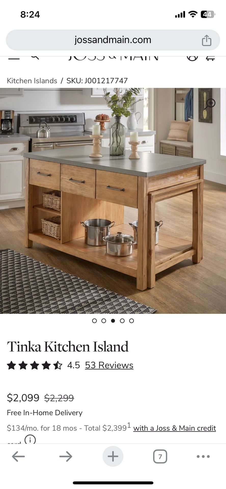 New/Lightly Used Joss & Main Tinka Kitchen Island