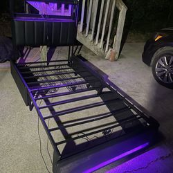 Bed Frame with 4 Drawers, Charging Station, RGB LED Light, Upholstered Headboard