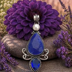 Pearl & Blue Burmese Sapphire Silver Gemstone 3” Pendant