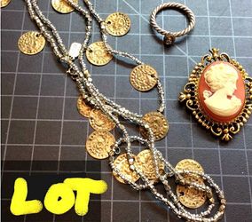 Mixed lot with 925 stamped necklace 18" Vintage cameo brooch and silver/gold tone ring