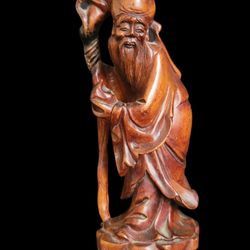 Antique Chinese Carved Teak Wood Old Bearded Man With Cane Sculpture