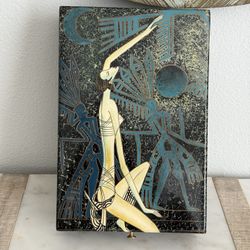 LA BELLE  Vintage Hand Painted Black Lacquer Asian Theme Jewelry Box