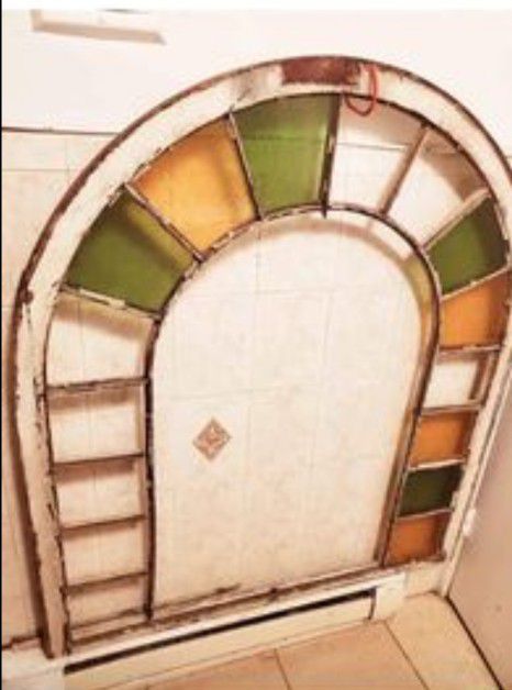 Arch Top  Antique Wooden Window W/ Colored Glass