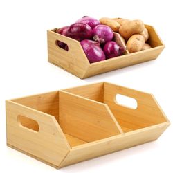 2 Set Bamboo Storage Bins, Pantry Organizers and Storage, Kitchen Countertop Organization and Storage Basket for Produce, Onions, Potatoes, Garlic, Fr