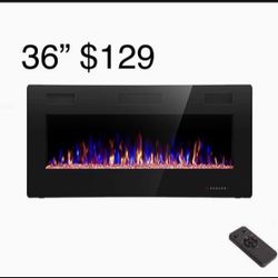 36” Inch Electric Fireplace Heater Recessed, Or Wall-Mounted Multiple Colors Flames