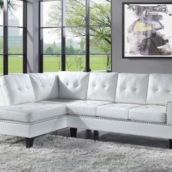 New! White Leather Nailhead Sectional Sofa