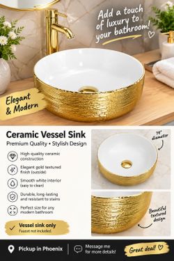 Ceramic Vessel Sink Gold Textured 14 Inch