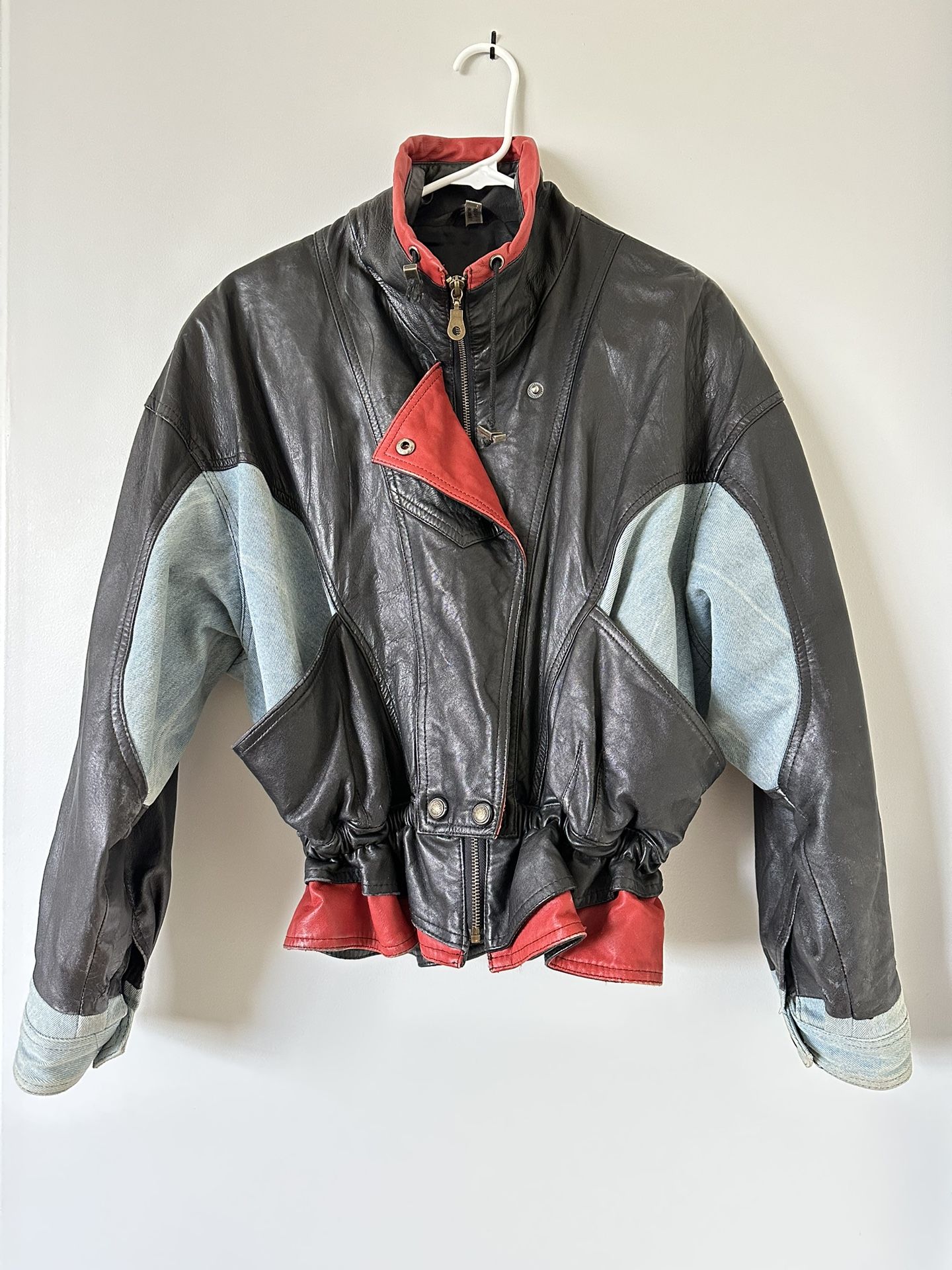 1980’s Red And Black Leather Bomber Jacket With Denim