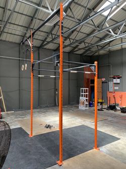 Maverick Dual Sided Olympic Rig With Wall Ball Target, Muscle Up Bar, Gym Rings, 4 J-Hooks Weight Bar Holder, Lags