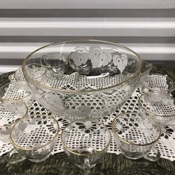 Vintage Anchor Hocking Clear Glass Punch Bowl & 12 Cups