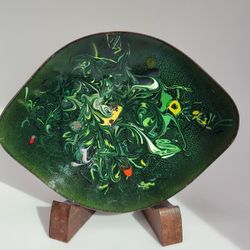 Vtg Green Enamel On Copper Art Plate Trinket Dish Mid Century 5"x4" Leaf Shape 