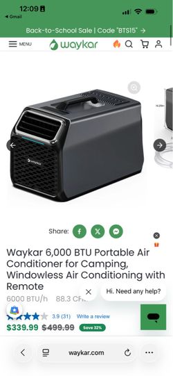 Waykar 6,000 BTU Portable Air Conditioner for Camping, Windowless Air Conditioning with Remote