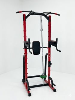 Fully Assembled Heavy-Duty Power Tower with Pull-Up Bar, Dip Station, & Barbell Rack – Red/Black