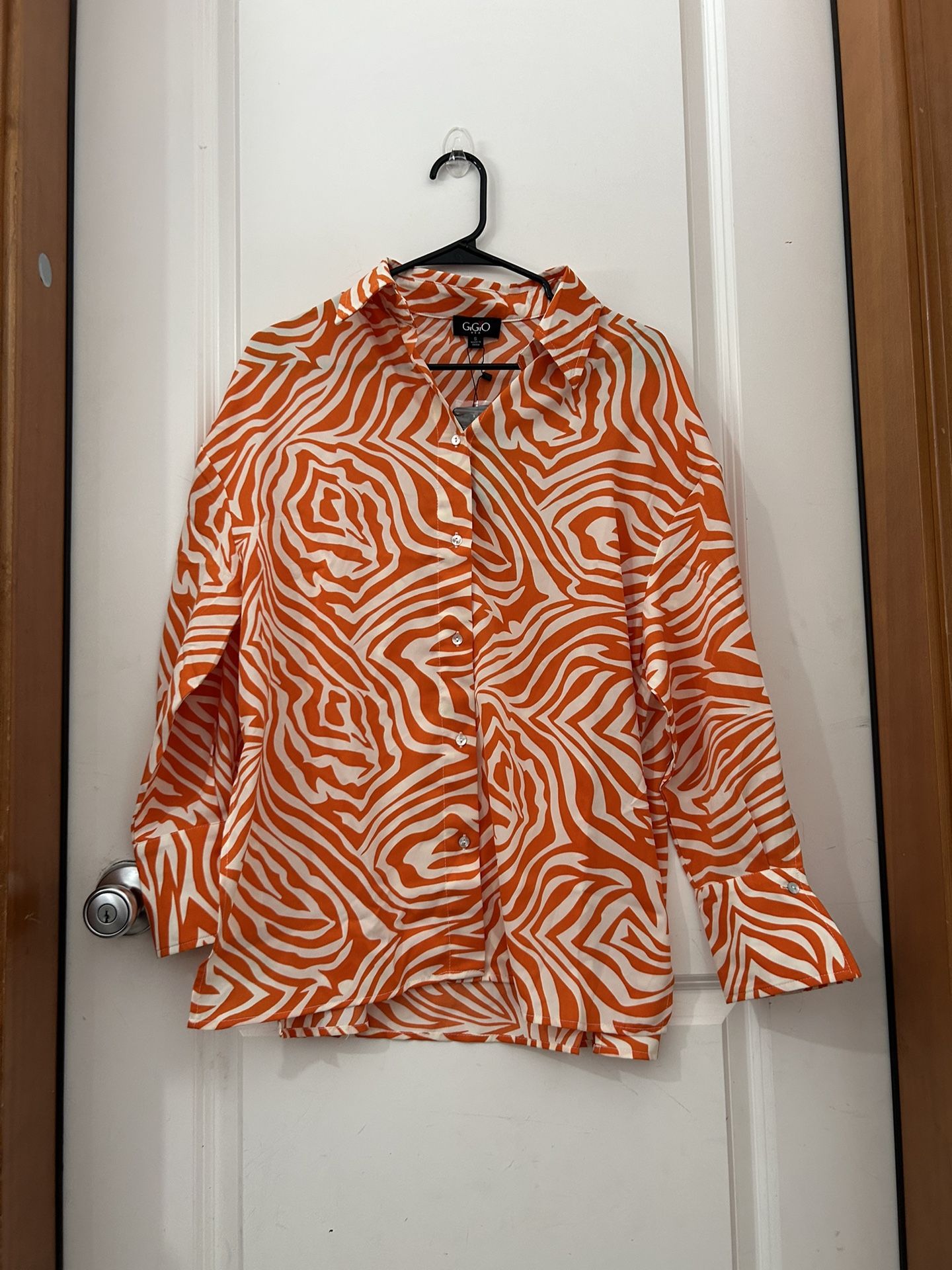 GiGio Blouse, Small, Animal print, Button Up, Orange and white