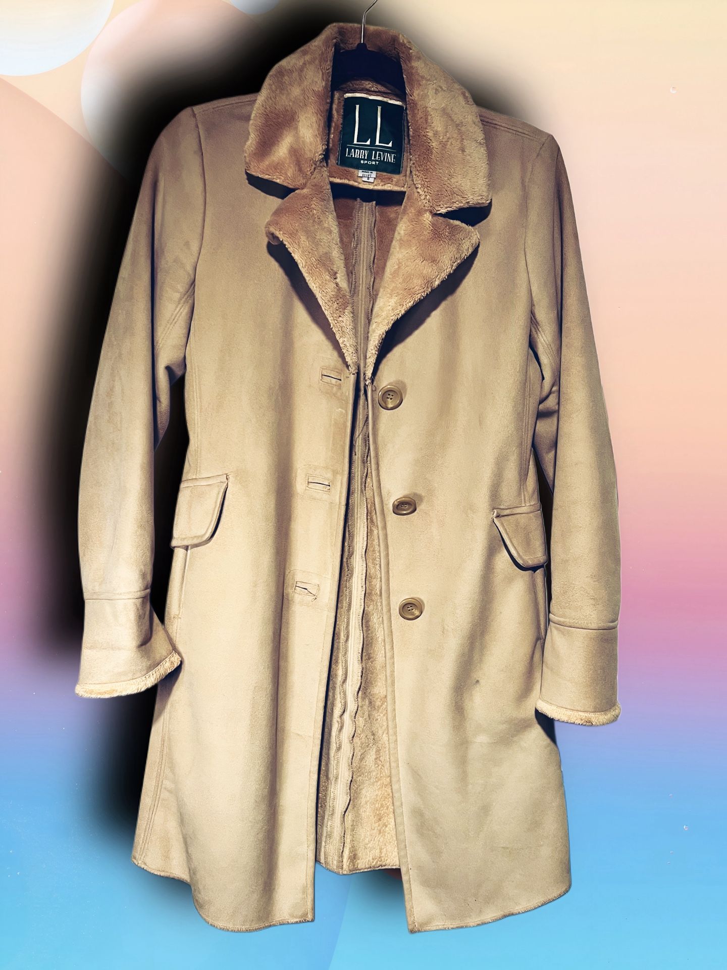 Larry Levine Camel Faux Suede Long Coat w/ Faux Fur Collar Sz S