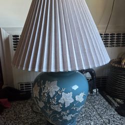 Vintage antique blue teal & white flower painted lamp light floral