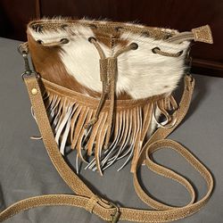 Myra Bag; Cross body; Cowhide Fringe; Tan/White 
