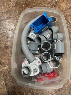 Plastic Tub Full of Electrical Stuff / Conduit PVC / Adapters