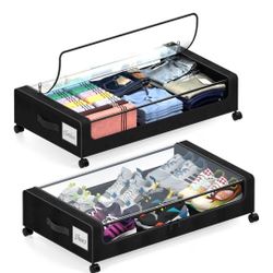 Under Bed Storage with Wheels, 2 Pack Under Bed Storage Containers with Dividers & Clear Lids, XXL 65L Under the bed storage Organizer Bins, Underbed 