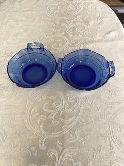 Vintage L.E. Smith Mt. Pleasant Cobalt Blue Glass Double Handle Bowl Dish, Set Of 2