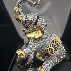 Multi Tone Metal Pave Clear Glass Figural Elephant Ring w/Red Eyes Size 10