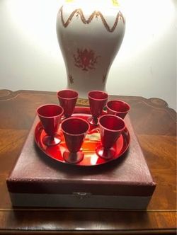 6 Months 6 Scenes Vintage Red Japanese Lacquer Sake Set - Original Case & Tray - Mad Men Bar Cart