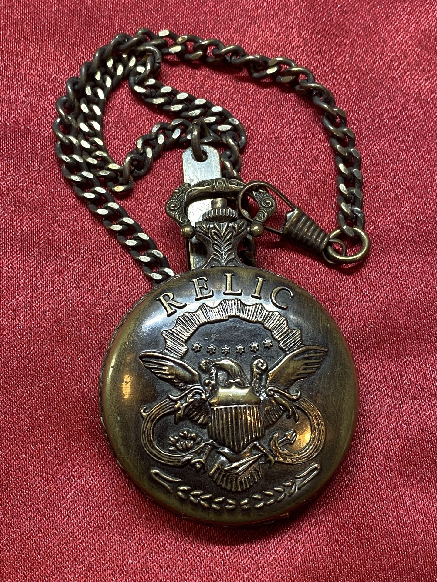 Relic by Fossil Antiqued Gold Pocket Watch Chain Quartz Battery Eagle Design