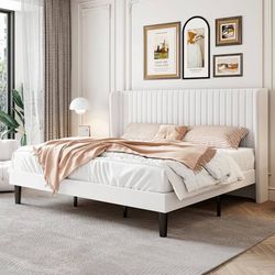 King Size Velvet Bed Frame with Vertical Channel Tufted Wingback Headboard, Upho