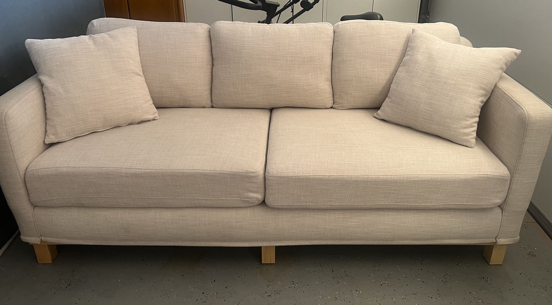 Modern Oat Cream Upholstered Sofa Couch With Wood Base And Legs