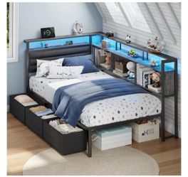 Twin Bed Frame with Storage Drawers and LED Shelves