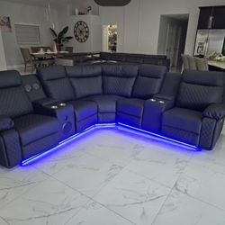Recliner Sectional Sofa Speakers USB 🔊 Gray Leather 