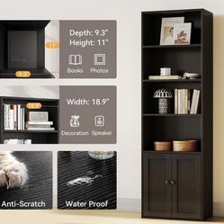 Book Shelf & Bookcase with Doors and Drawer, 6-Tier Tall Bookshelf, Floor Standing Display Storage Shelves for Home Office, Living Room