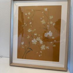 Elegant Framed Floral Wall Art - Mustard/Ochre Background with Delicate White Flowers