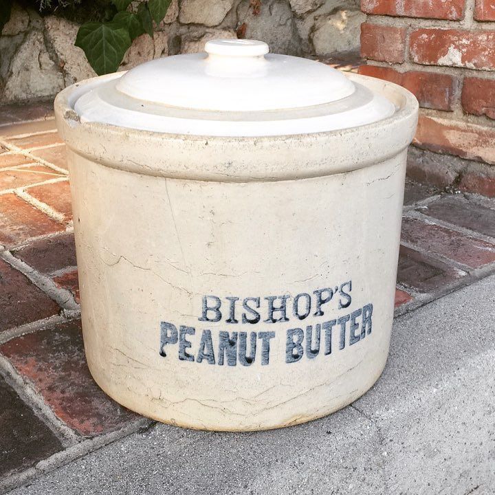 Antique crock, Bishop’s peanut butter container