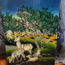 Vintage 1950s Laquer Abalone Shell Inlay * Nature * Deer * Asian